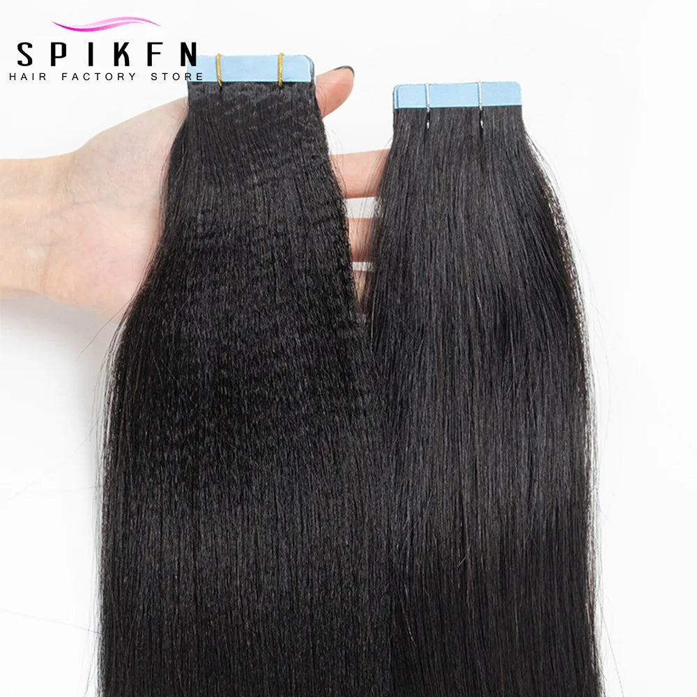 SPIKFN Light Yaki Tape In Human Hair Extensions 12-26 inches Natural Black PU Skin Weft Tape Extension 20pcs 1B Salon Quality