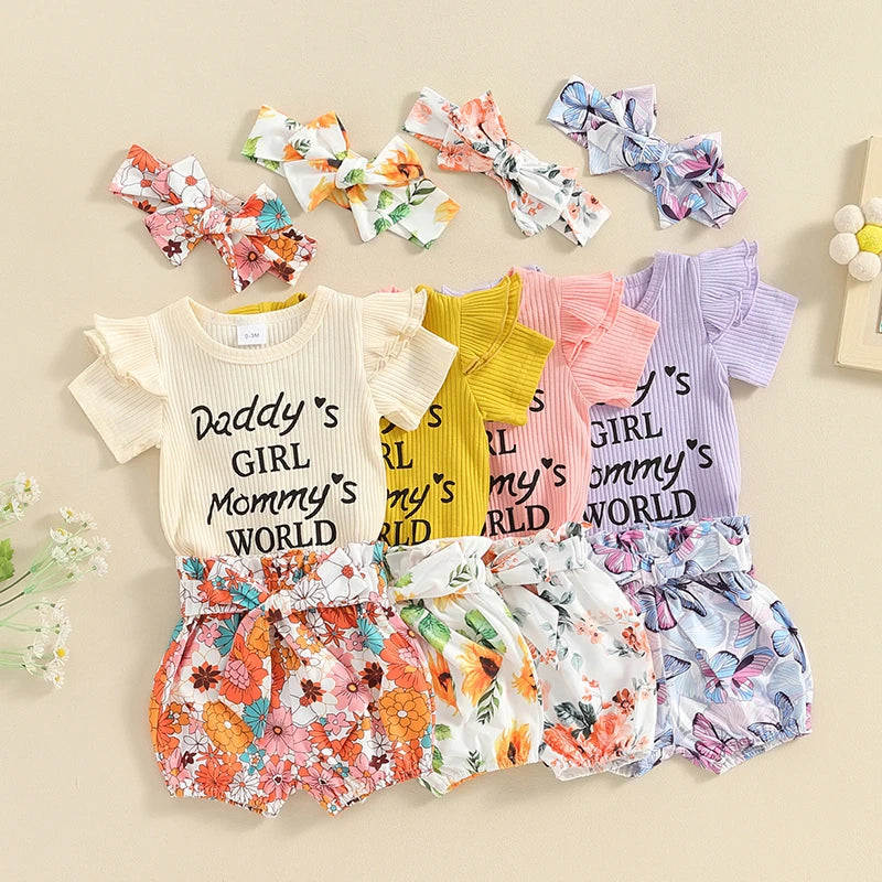 Newborn Baby Girls Outfit Daddy s Girl Mommy s World Print Short Sleeve Romper Jumpsuit Bodysuit Tops Floral Shorts