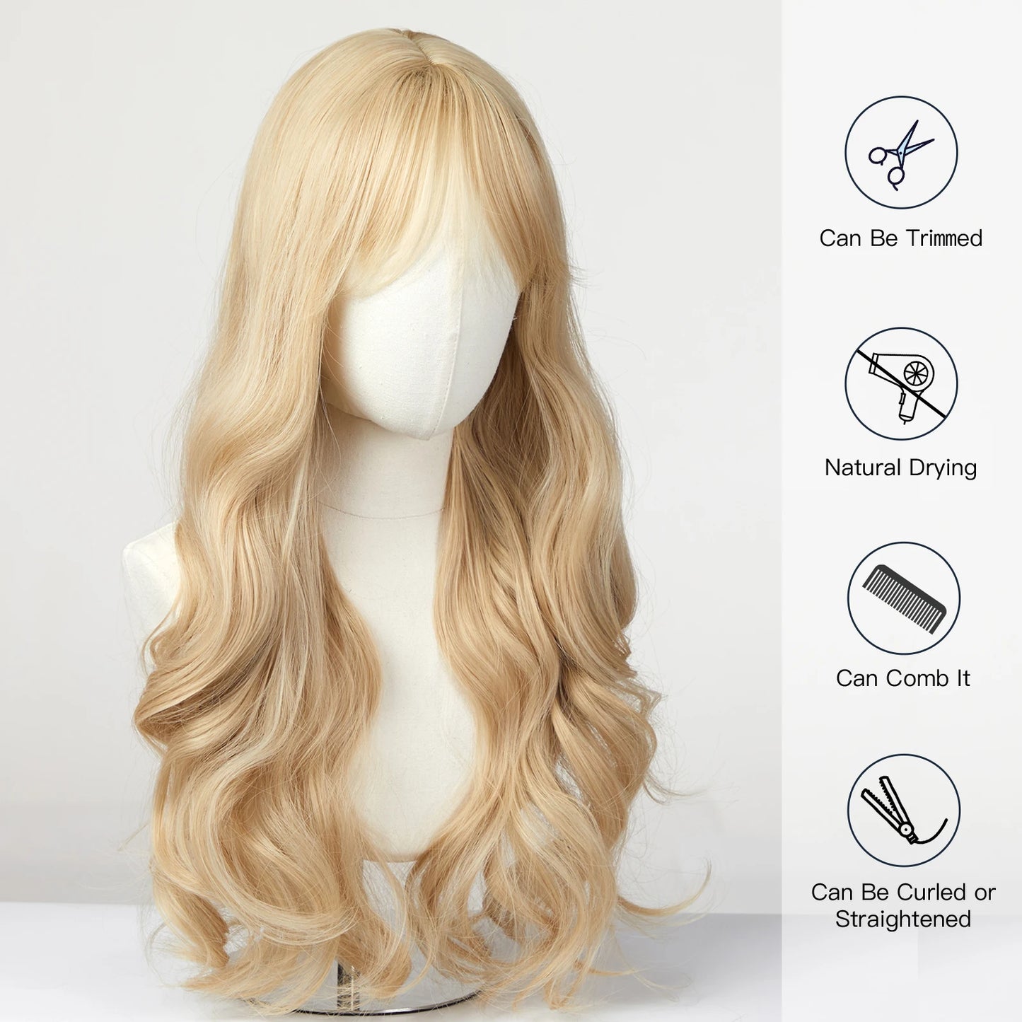 Long Wavy Light Ash Blonde Synthetic Wigs with Bangs for Women Natural Wave Cosplay Party Daily Use Hair Wigs Heat Resistant