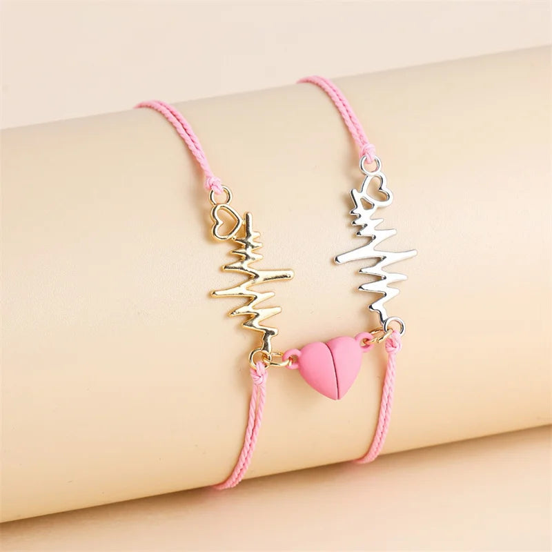 2 PC Magnetic Heart Bracelet Set for Women Couple Electrocardiogram ECG Rope Chain Friendship Valentine's Day Jewelry Charm Gift