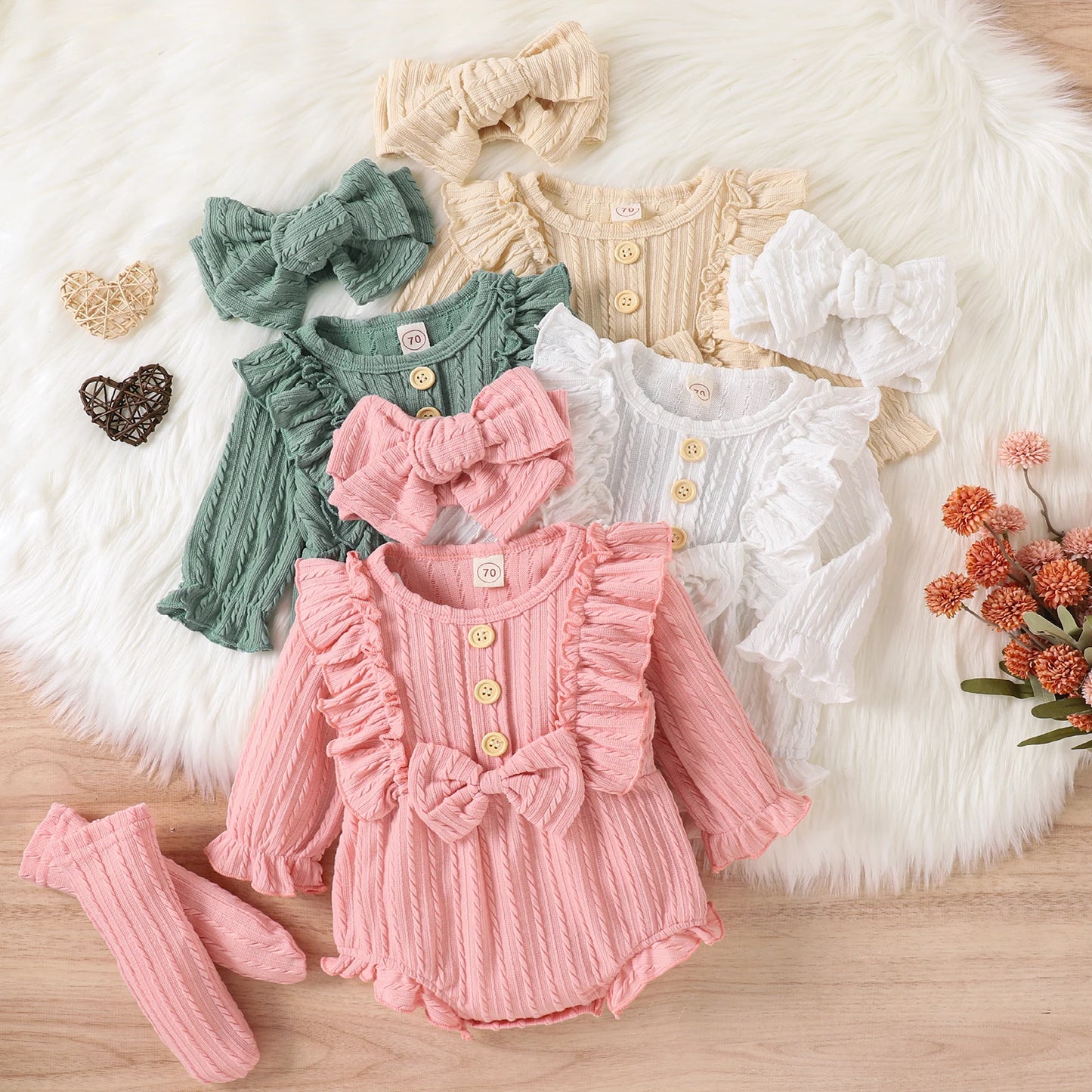 0-12M Infant Baby Girls 3Pcs Fall Outfits Long Sleeve Button Front Ruffle Romper + Socks + Headband Set Lovely Clothes