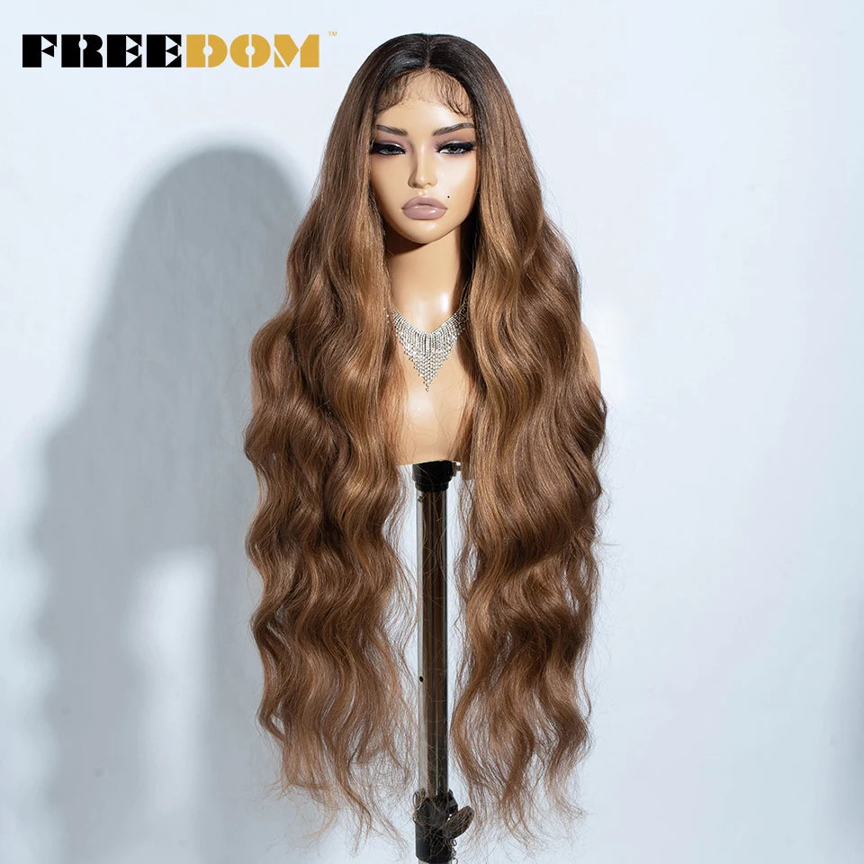 FREEDOM Synthetic Lace Front Wigs For Women 36" Long Body Wave Lace Wig Ombre Brown Blonde Highlight Cosplay Wigs Heat Resistant