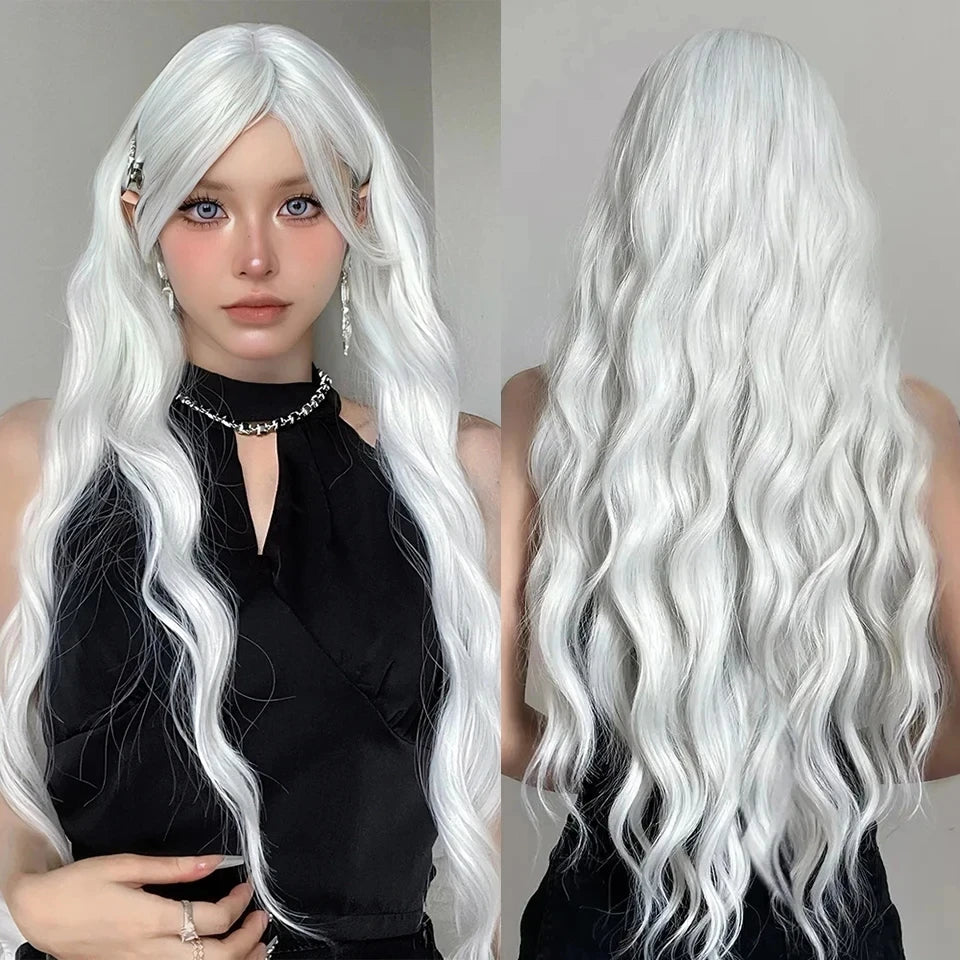 LM Long Body Wave Black And Gray Ombre Cosplay Wigs Heat Resistant Synthetic Wigs Bangs Natural Lolita Wigs For Women Halloween