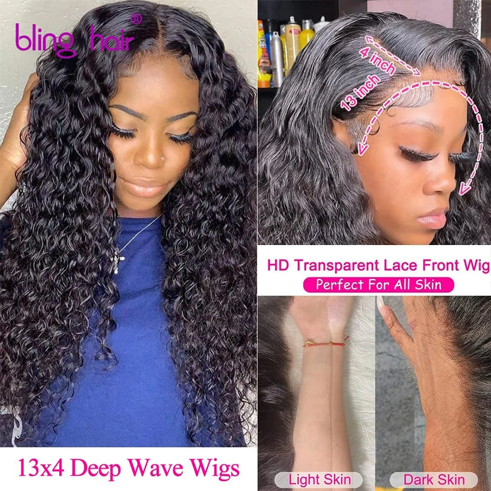 180% Deep Wave Frontal Wig 13x6 HD Lace Frontal Wigs For Women Water Wave Curly Lace Front Human Hair Wig 13x4 High Density 1B