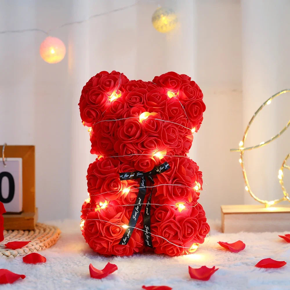 25cm Artificial Teddy Rose Flower Bear with Box Romantic Valentines Day Gift Girlfriend Women Anniversary Wedding Party Supplies