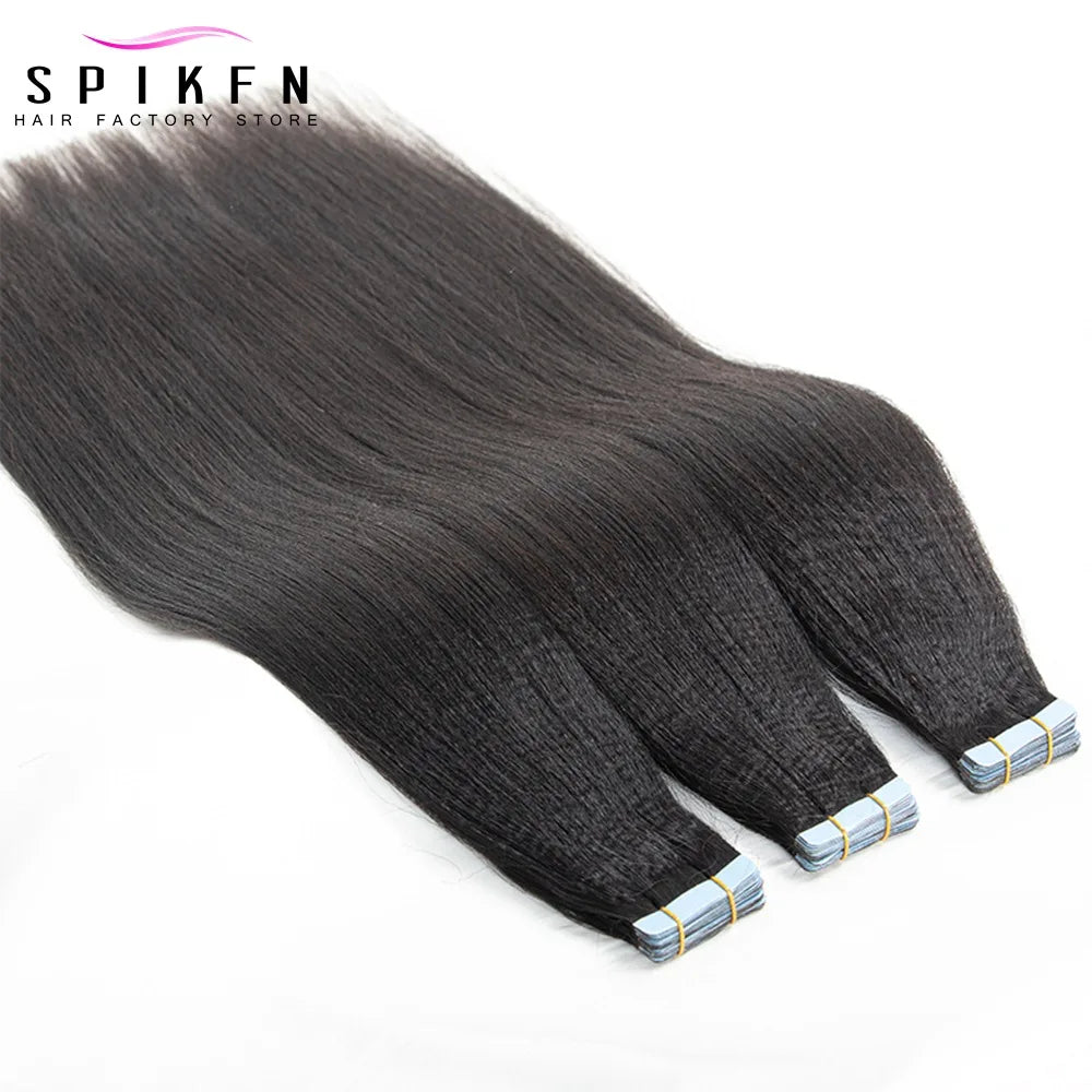 SPIKFN Light Yaki Tape In Human Hair Extensions 12-26 inches Natural Black PU Skin Weft Tape Extension 20pcs 1B Salon Quality