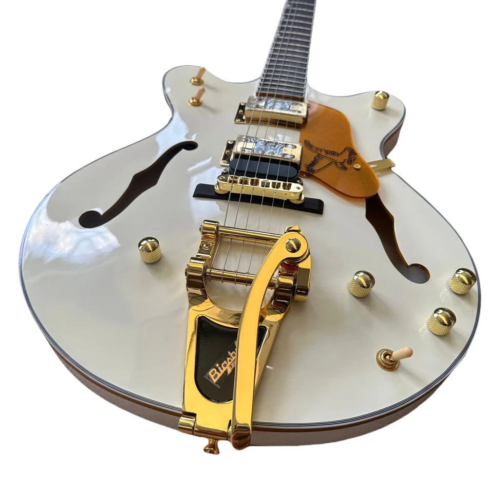 Milk-White Hollow Body Jazz Electric Guitar, Rosewood Fingerboard, Gold Hardware, Tremolo Bridge, Free Shipping