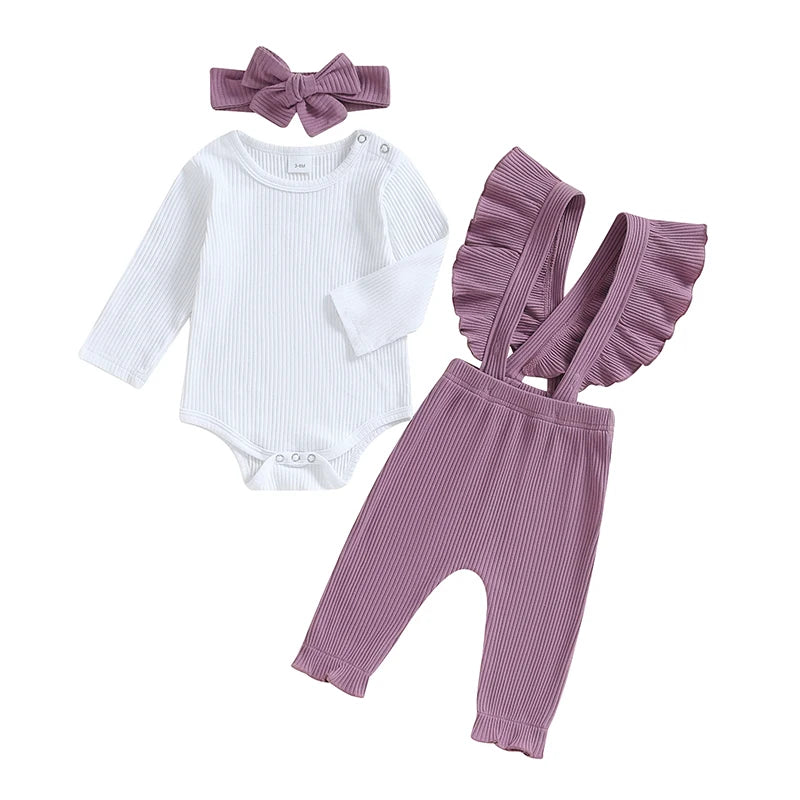 2024-05-31 Lioraitiin Baby Girl Ribbed Outfit, Long Sleeve Romper Ruffle Trim Overalls Bow Headband 3 Piece Set for Fall