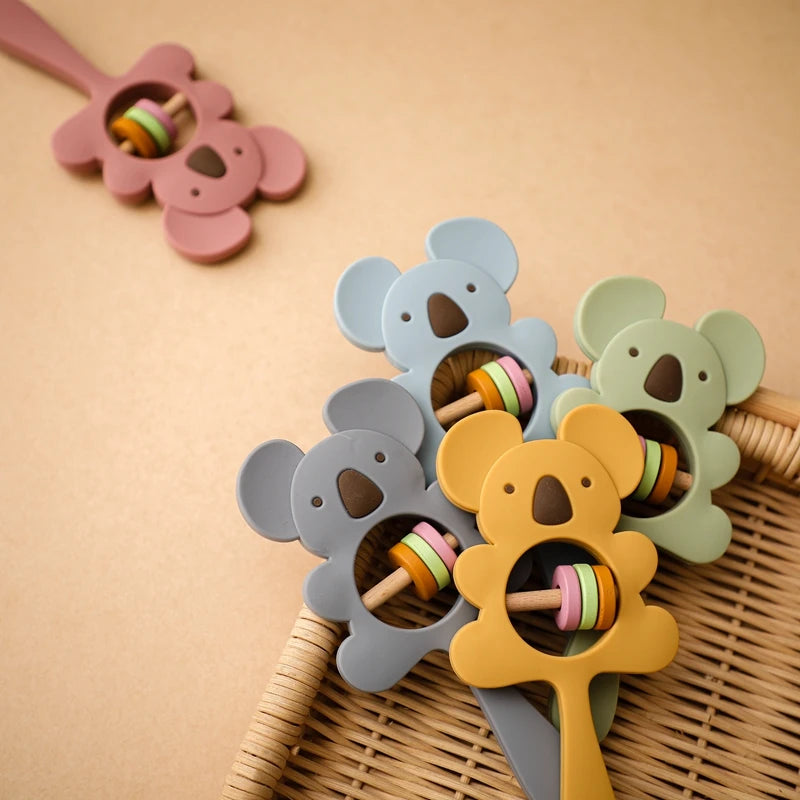 1PC Silicone Teether Koala Elephant Handbells Rattles BPA Free Rodents Teething Necklace Food Grade Infant Chewable Baby Toys