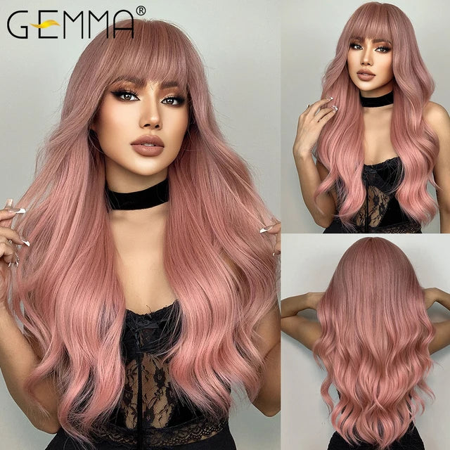 Long Wavy Light Ash Blonde Synthetic Wigs with Bangs for Women Natural Wave Cosplay Party Daily Use Hair Wigs Heat Resistant