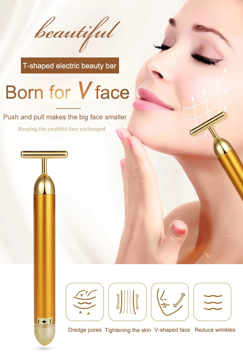 Portable Energy Electric Beauty Bar Waterproof 24K Gold Pulse Firming Massager Roller Facial Eye Pouch Remover Face Care Tool