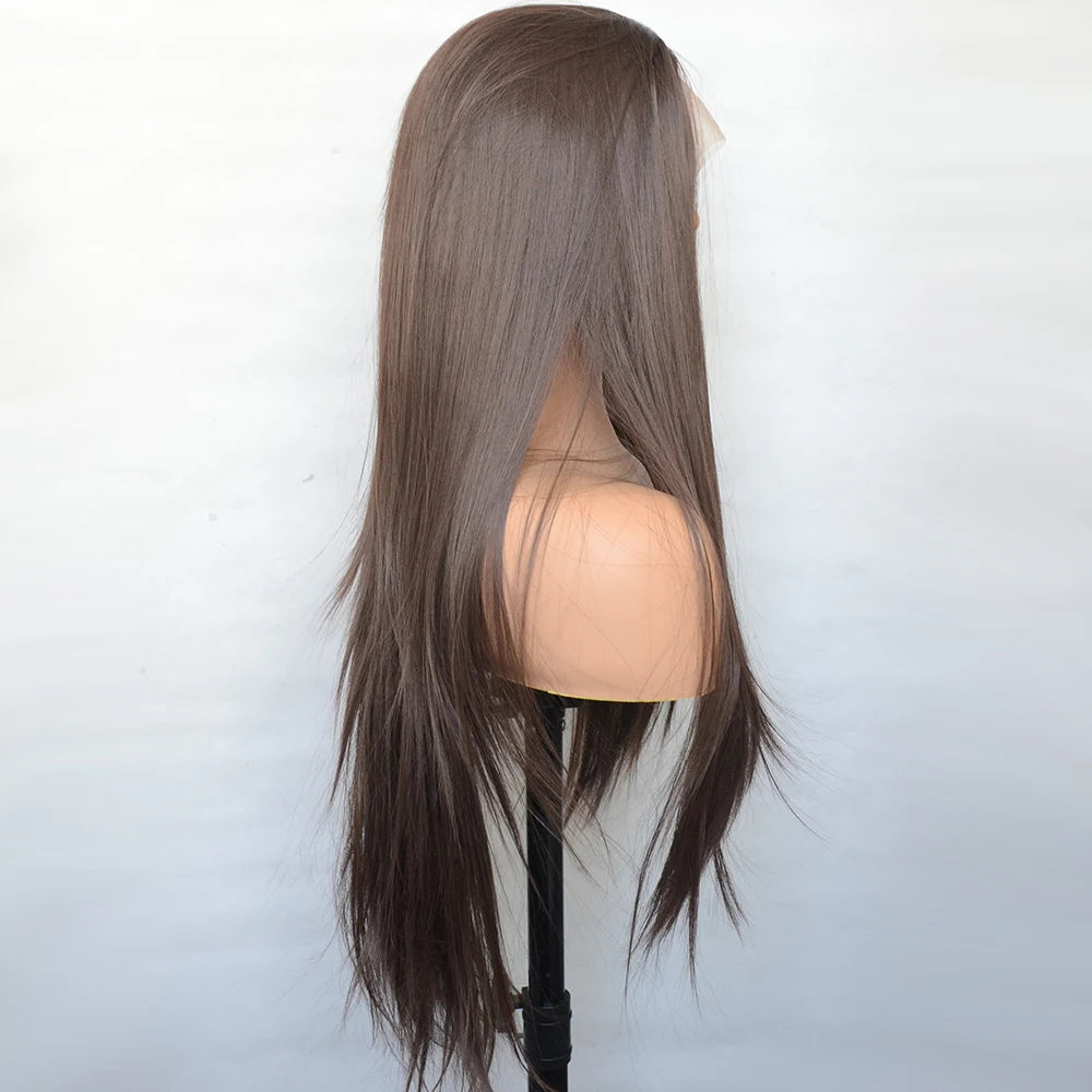 Voguebeauty Dark Brown Lace Front Wig 6# Silky Straight Synthetic Hair Natural Hairline for Women Cosplay Daily Wear