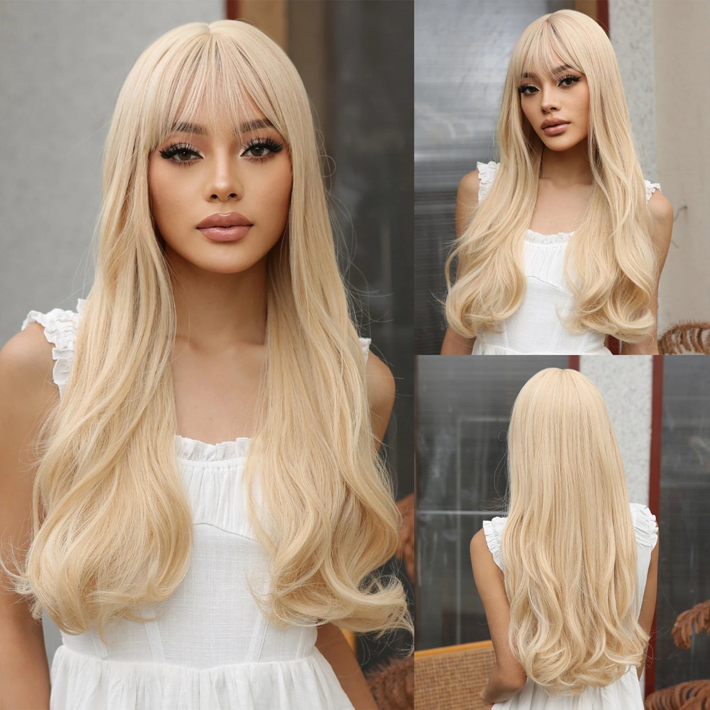 Long Wavy Light Ash Blonde Synthetic Wigs with Bangs for Women Natural Wave Cosplay Party Daily Use Hair Wigs Heat Resistant