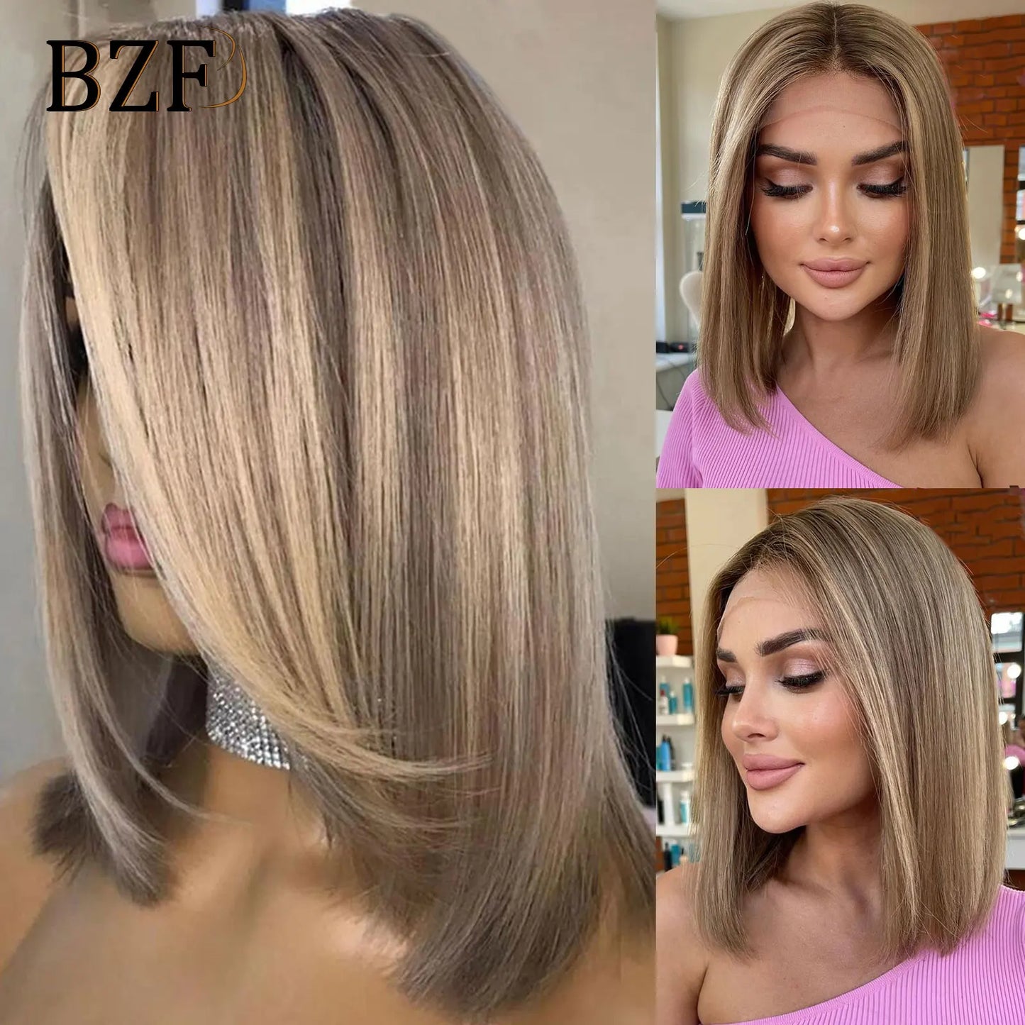 Brown Blonde Highlight Synthetic Lace Front Short Bob Wigs 13x3 Colored Straight Glueless Wig Dark Roots Blonde Wig For Women