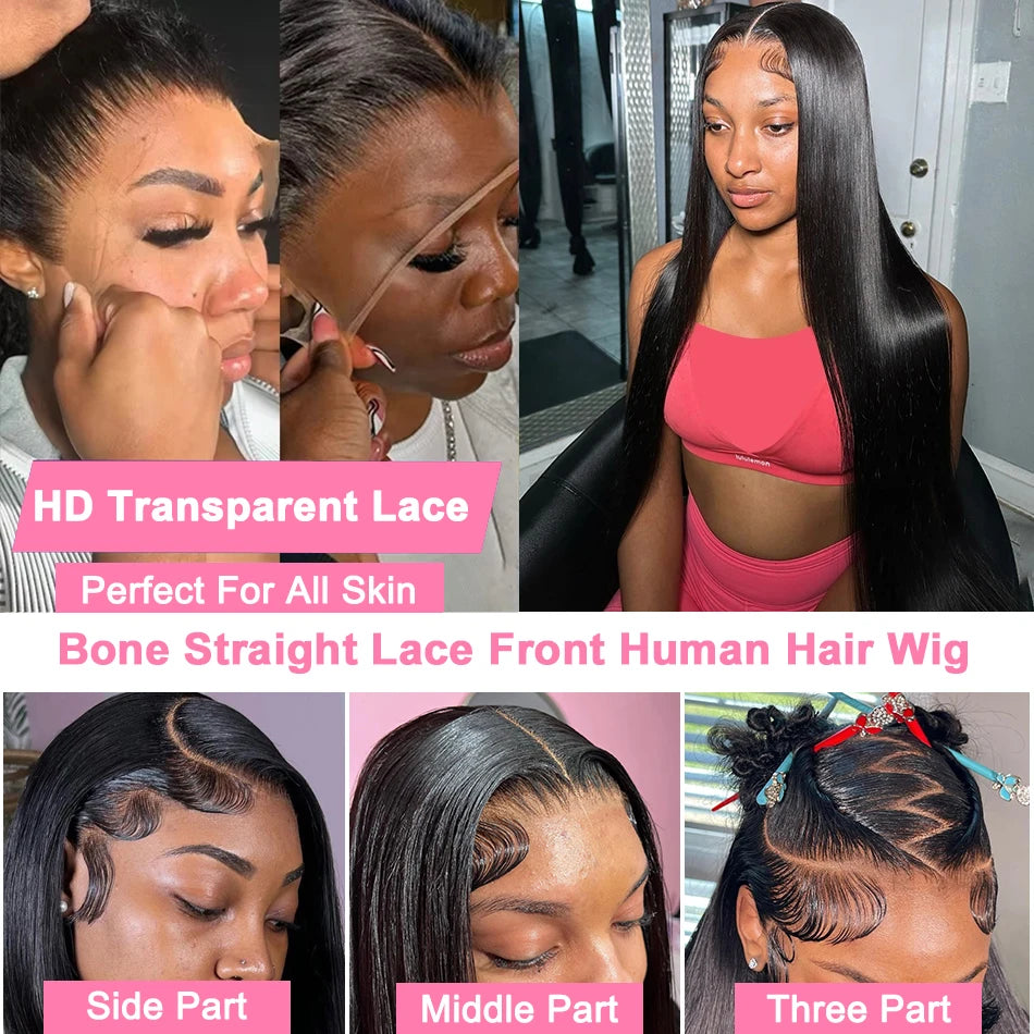 200% Hd Transparent Bone Straight 13x6 Lace Frontal Wigs Brazilian Remy Hair Preplucked 13x4 Lace Front Human Hair Wig For Women