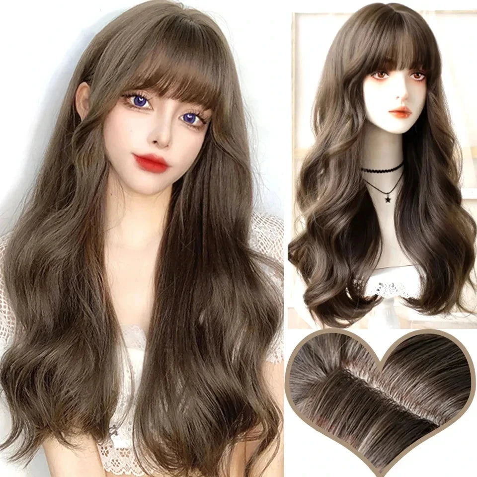 LM Long Body Wave Black And Gray Ombre Cosplay Wigs Heat Resistant Synthetic Wigs Bangs Natural Lolita Wigs For Women Halloween