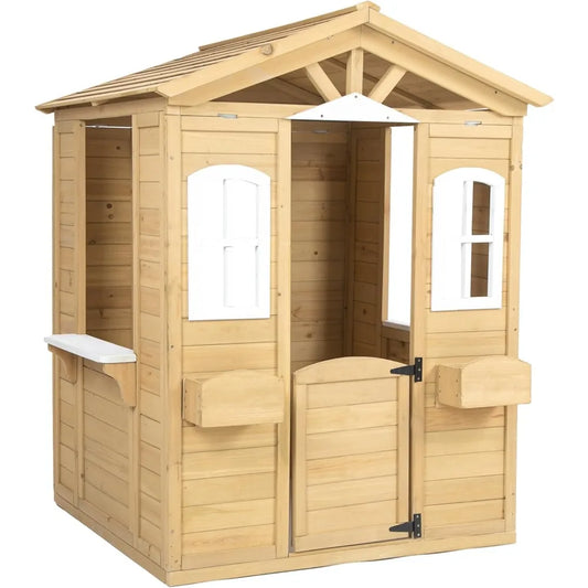 Outdoor Kids Wooden Playhouse Storage Toy Box with Operable Doors Windows Planter Rack Serving Station 39" x 38" x 55.5"