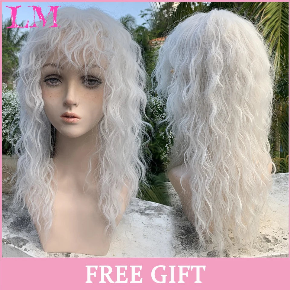 LM Cosplay Wig With Bangs Synthetic Straight Hair 24 Inch Long Heat-Resistant Pink Wig For Women