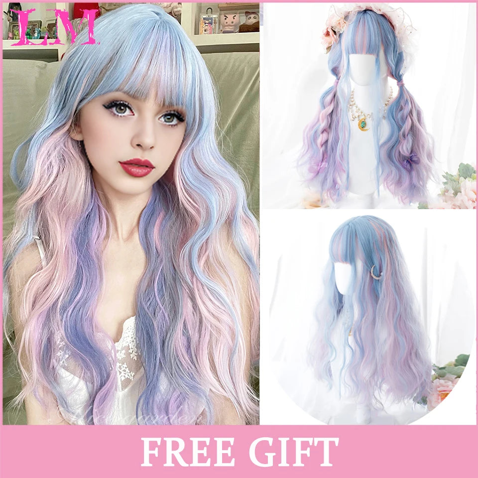 Pink Short Bob Straight Synthetic Wig with Bangs for Cosplay Lolita Fake Hair for White Women Party Natural Wig High Temperature