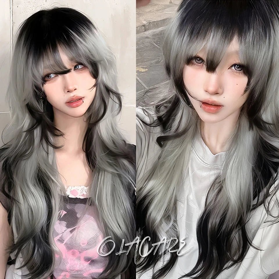 LM Long Body Wave Black And Gray Ombre Cosplay Wigs Heat Resistant Synthetic Wigs Bangs Natural Lolita Wigs For Women Halloween