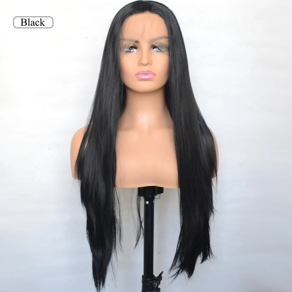 Voguebeauty Dark Brown Lace Front Wig 6# Silky Straight Synthetic Hair Natural Hairline for Women Cosplay Daily Wear