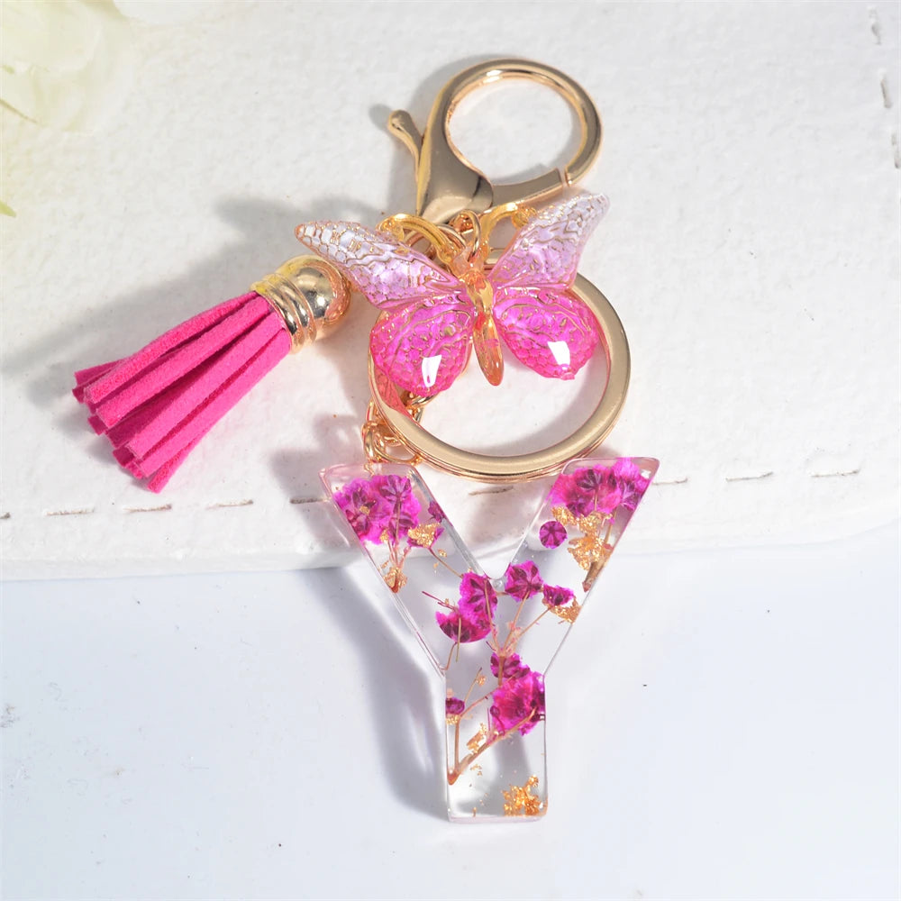 Exquisite Pink Dry Flower Resin 26 Initial Keychain Butterfly Tassel Pendant A to Z Keyring for Women Valentine's Day Gift