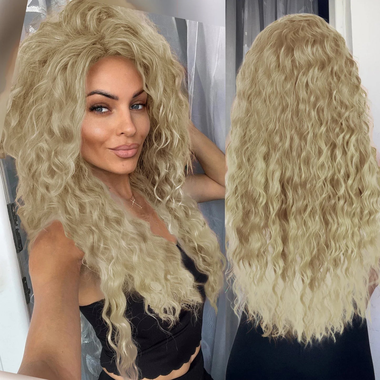 Ash Blonde Curly Wig Synthetic Long Curly Hair Wigs for Women Fluffy Hairstyle Wave Ombre Wig Costume Carnival Party Regular Wig