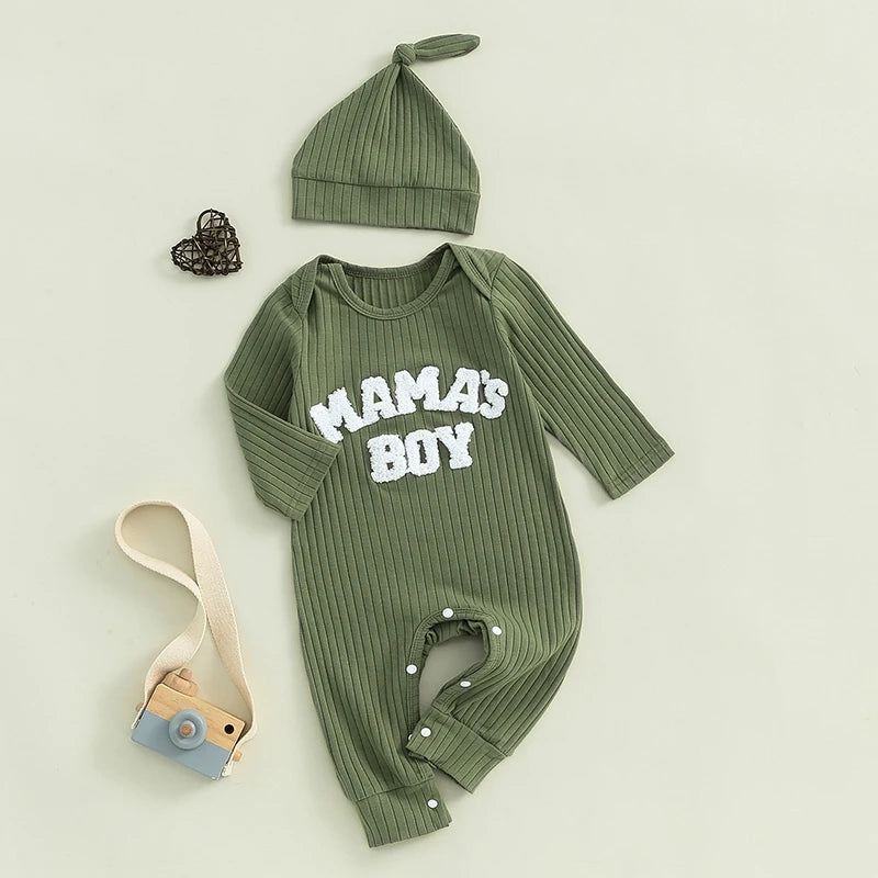 Baby Clothing Boy Bodysuits Letter Embroidered Ribbed Long Sleeve Fall Jumpsuits Hat Outfits Newborn Clothes