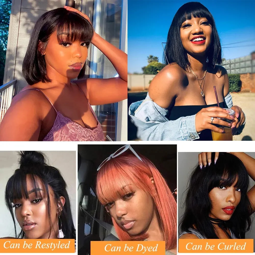 Peruvian Human Hair Wig with Bangs Virgin Straight Hair Bob Wigs Full Machine Made Wig For Women 8-16 Inches No Lace Bob Wigs