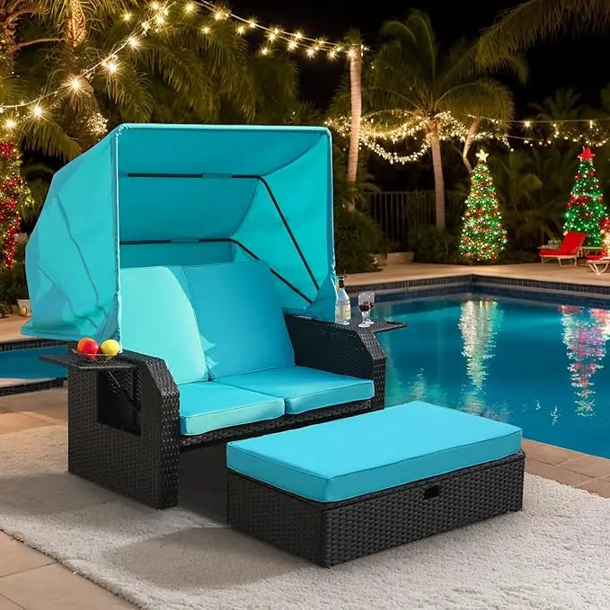 Outdoor Wicker Loveseat - Patio Furniture Set with Retractable Canopy, Adjustable Back, Side Table, Ottoman, Cushion