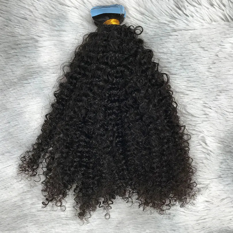 Kinky Curly Tape In Human Hair Extensions Double Drawn Skin Weft Adhesive Invisible Brazilian Remy Hair Black Color 40pcs/100g