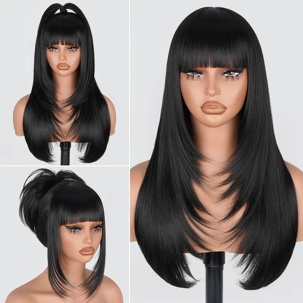 Straight Layered Cut Wigs with Bangs HD Lace Fake Scalp Synthetic Natural Layered Lace Wig For Women Glueless Heat Resistant Wig