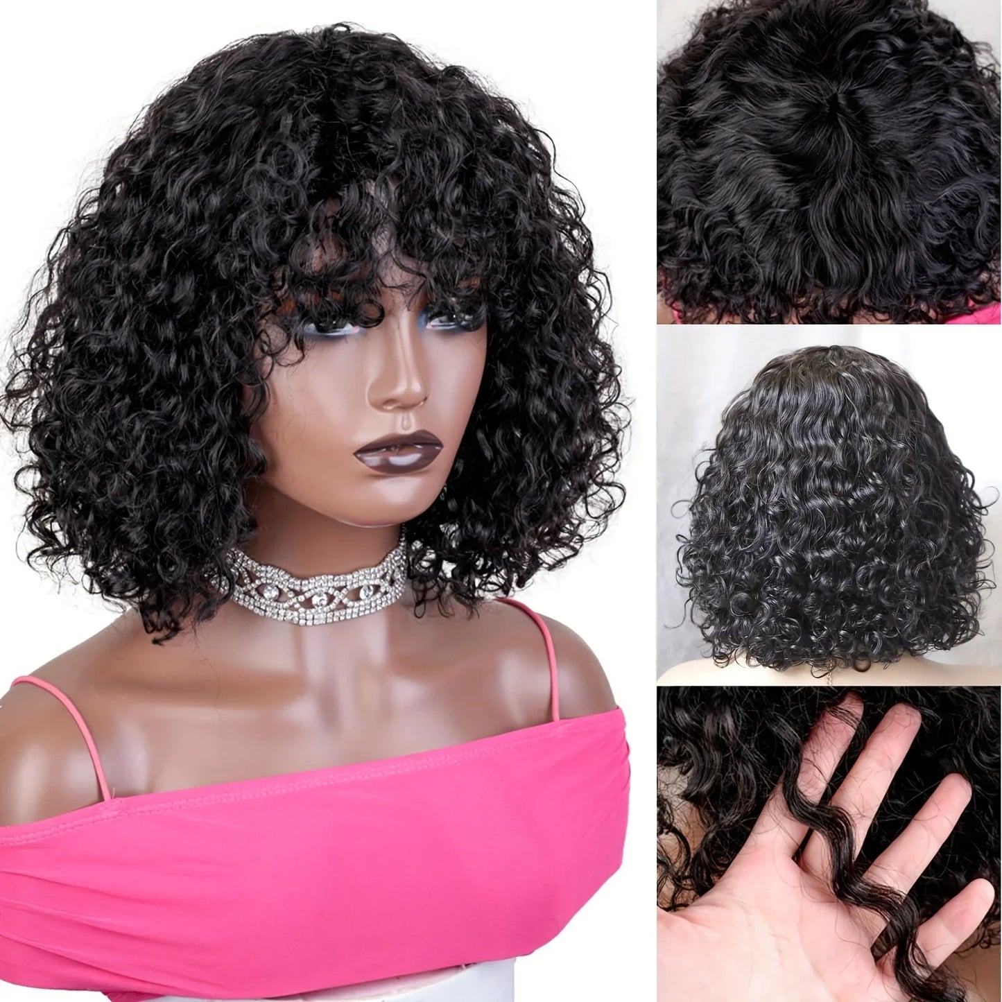 Kinky Curly Wigs With Bangs Full Machine Made Wigs Virgin Hair Peruvian Long Curly Human Hair Wigs Natural Black Non Lace