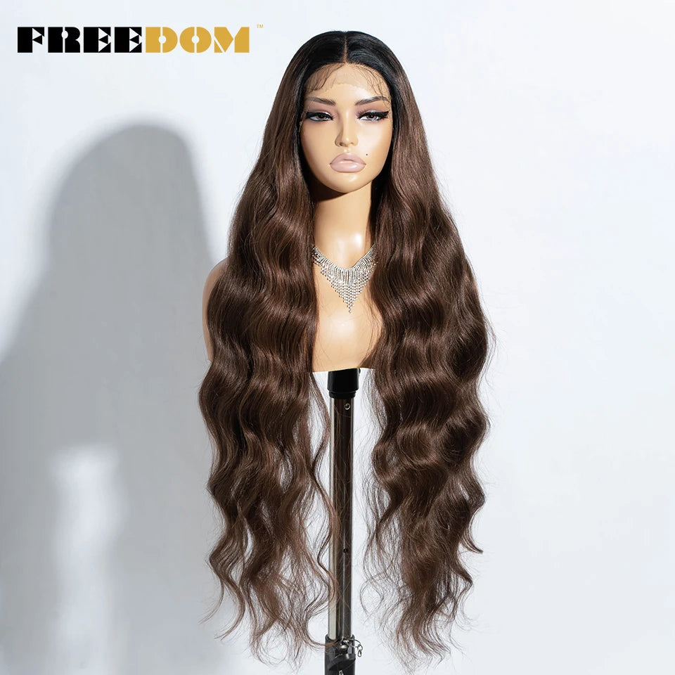 FREEDOM Synthetic Lace Front Wigs For Women 36" Long Body Wave Lace Wig Ombre Brown Blonde Highlight Cosplay Wigs Heat Resistant