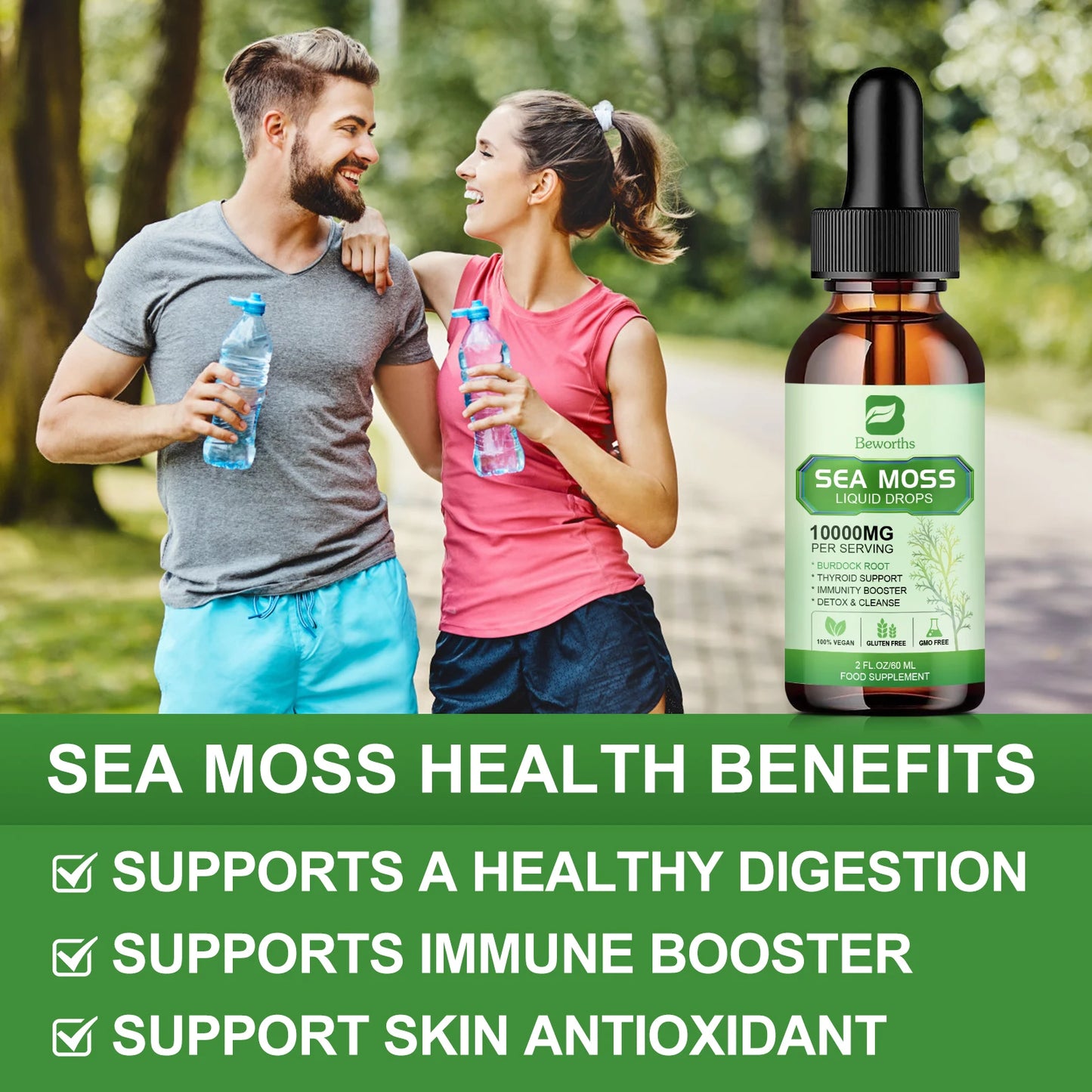 BEWORTHS Organic Seamoss Drops with Burdock Root and Spirulina Support Immunity and Gut Health, Help Digestion Weight Management