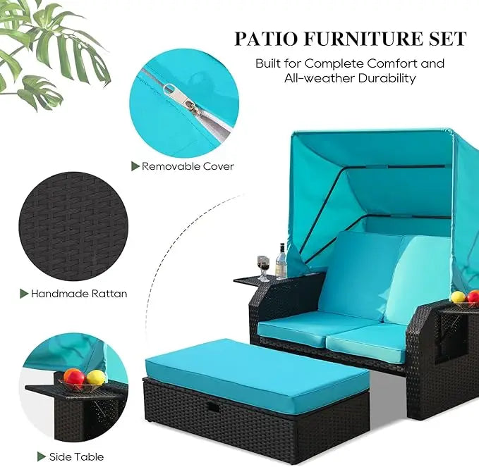 Outdoor Wicker Loveseat - Patio Furniture Set with Retractable Canopy, Adjustable Back, Side Table, Ottoman, Cushion