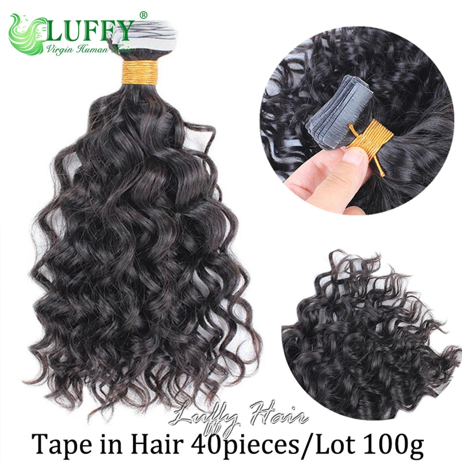 Water Wave Tape In Human Hair Extensions Curly Brazilian Remy Hair for Black Women Invisible Skin Weft Tape Ins Human Hair