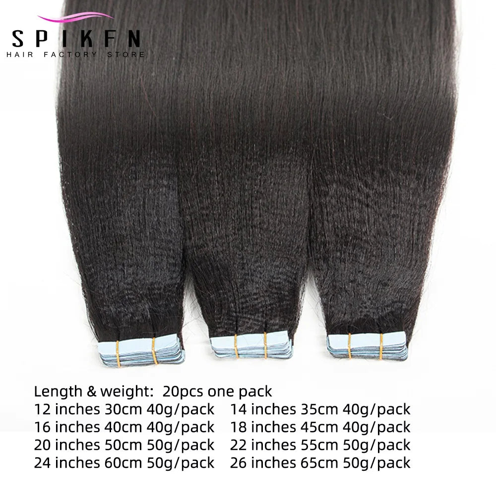 SPIKFN Light Yaki Tape In Human Hair Extensions 12-26 inches Natural Black PU Skin Weft Tape Extension 20pcs 1B Salon Quality