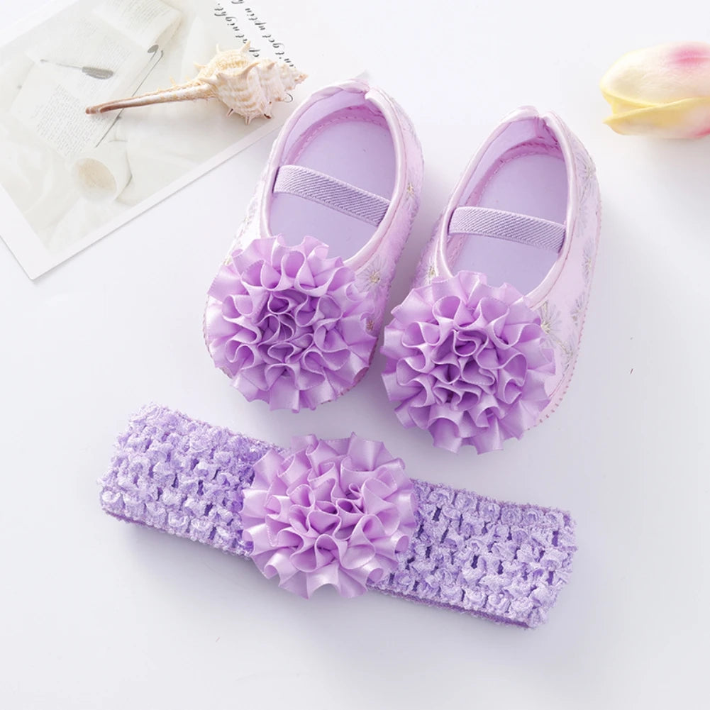 Newborn Baby Shoes Baptism Yellow Headband Baby Girl Lace Shoes Set Toddler Prewalker Cute Baby Soft Shoes for 0-12M Kids