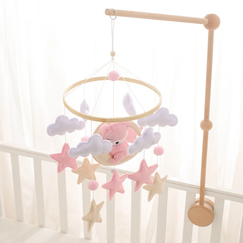 Wooden Crib Mobile Baby Bed Bell Rattle Toy Soft Felt Cartoon Bear Mobile Hanging Newborn Music Box Bed Bell Hanging Bracket Toy