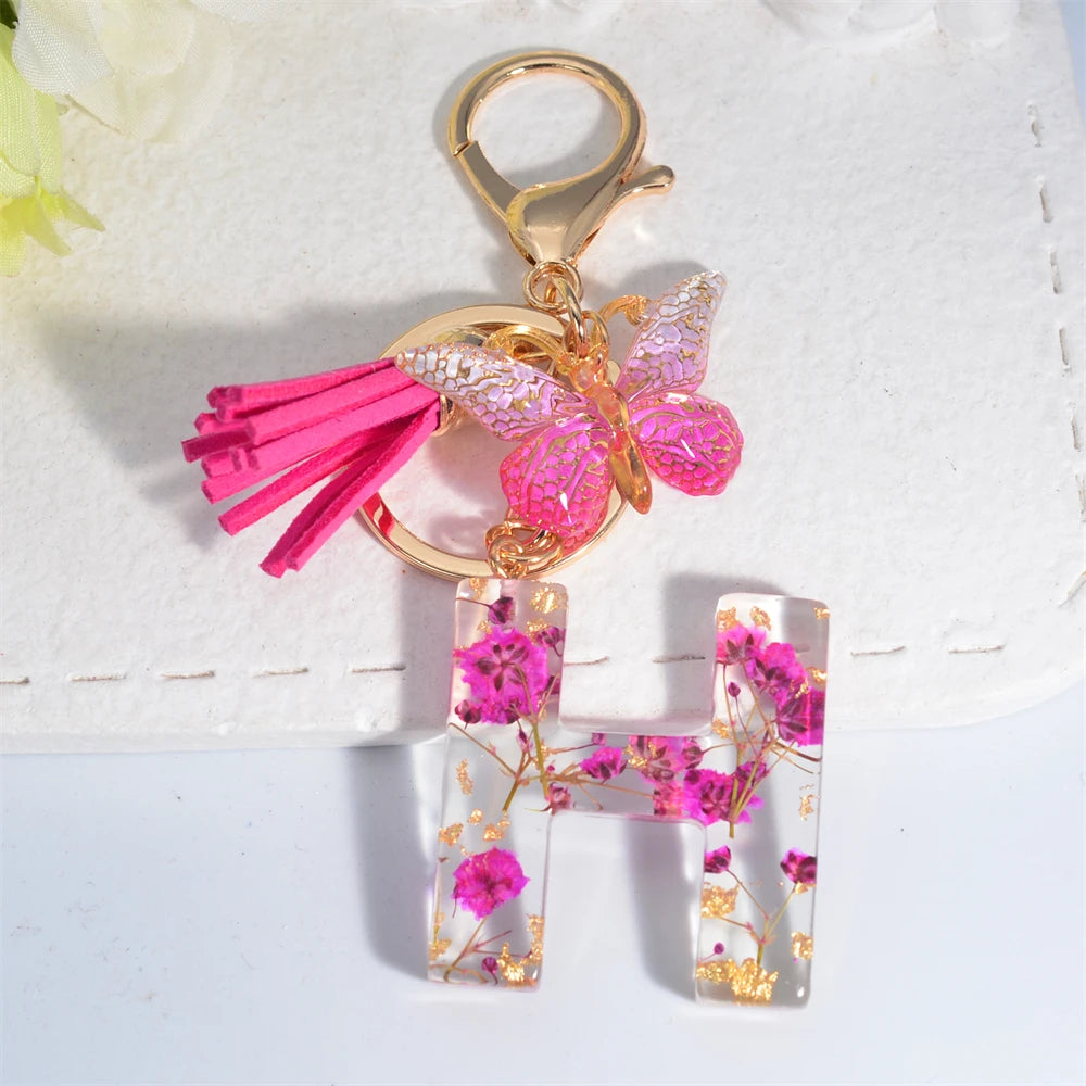 Exquisite Pink Dry Flower Resin 26 Initial Keychain Butterfly Tassel Pendant A to Z Keyring for Women Valentine's Day Gift