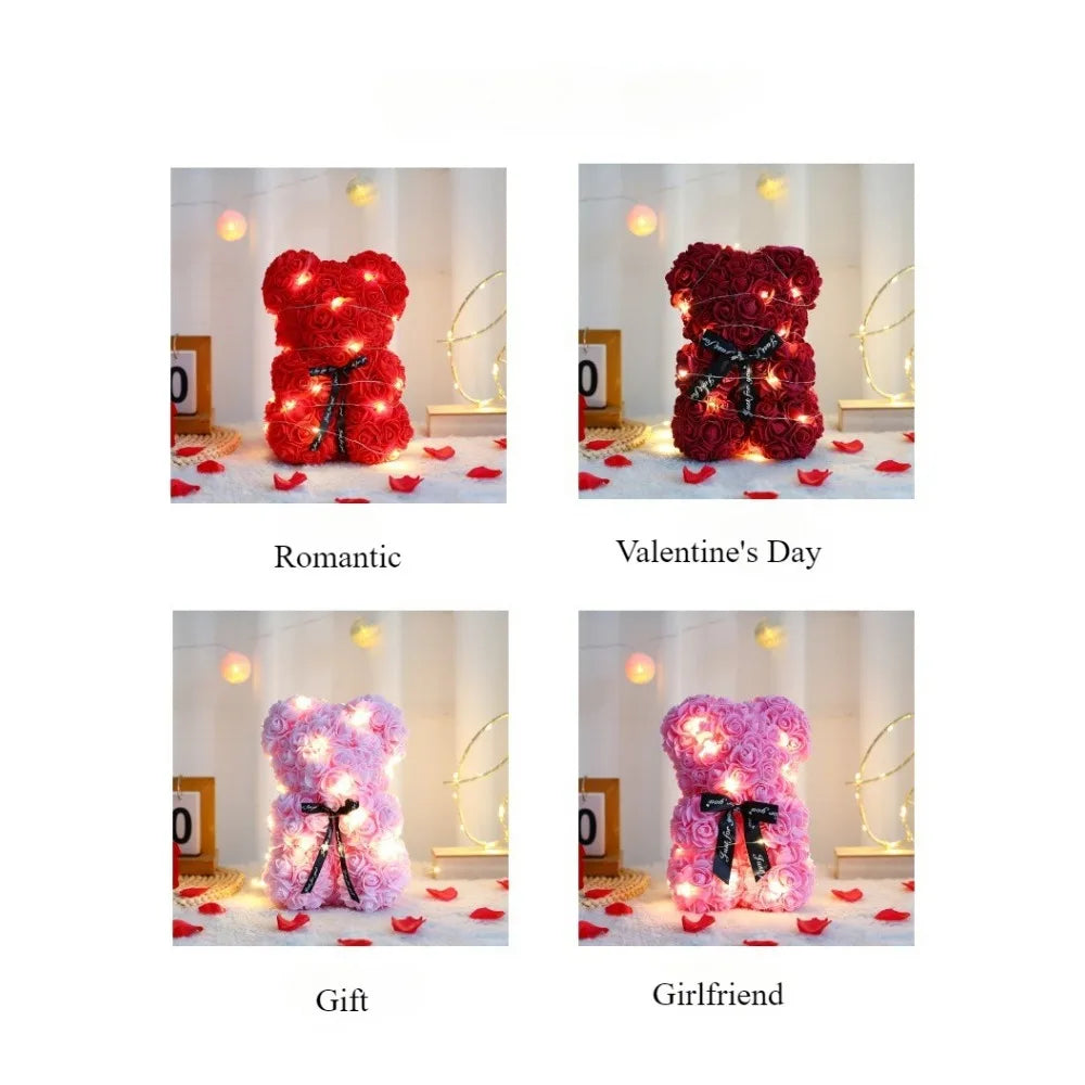 25cm Artificial Teddy Rose Flower Bear with Box Romantic Valentines Day Gift Girlfriend Women Anniversary Wedding Party Supplies