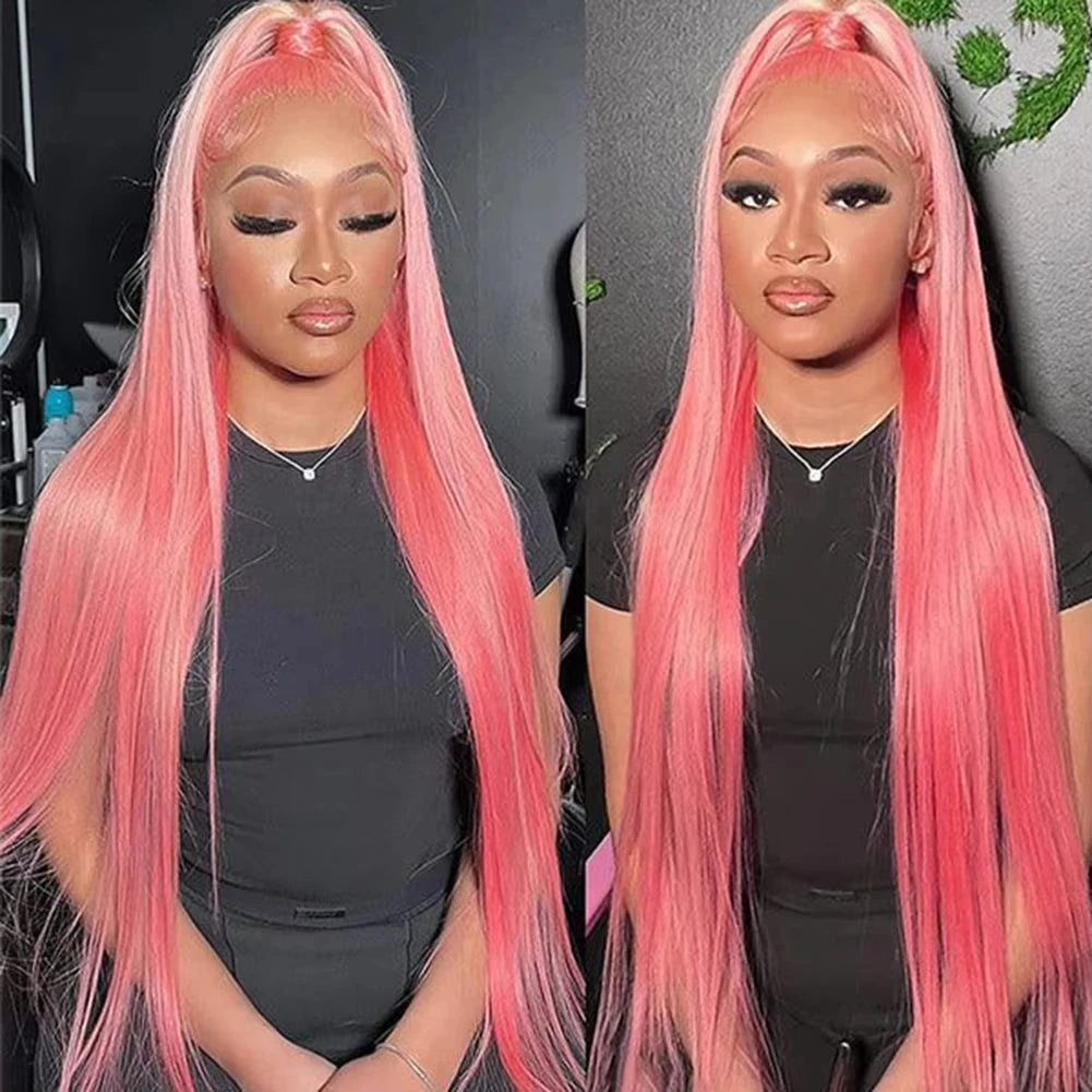 Colored Wigs Human Hair Full End 100% Pink Straight Transparent PrePlucked Brazilian HD Lace Frontal Wig 30 40 Inch For Women