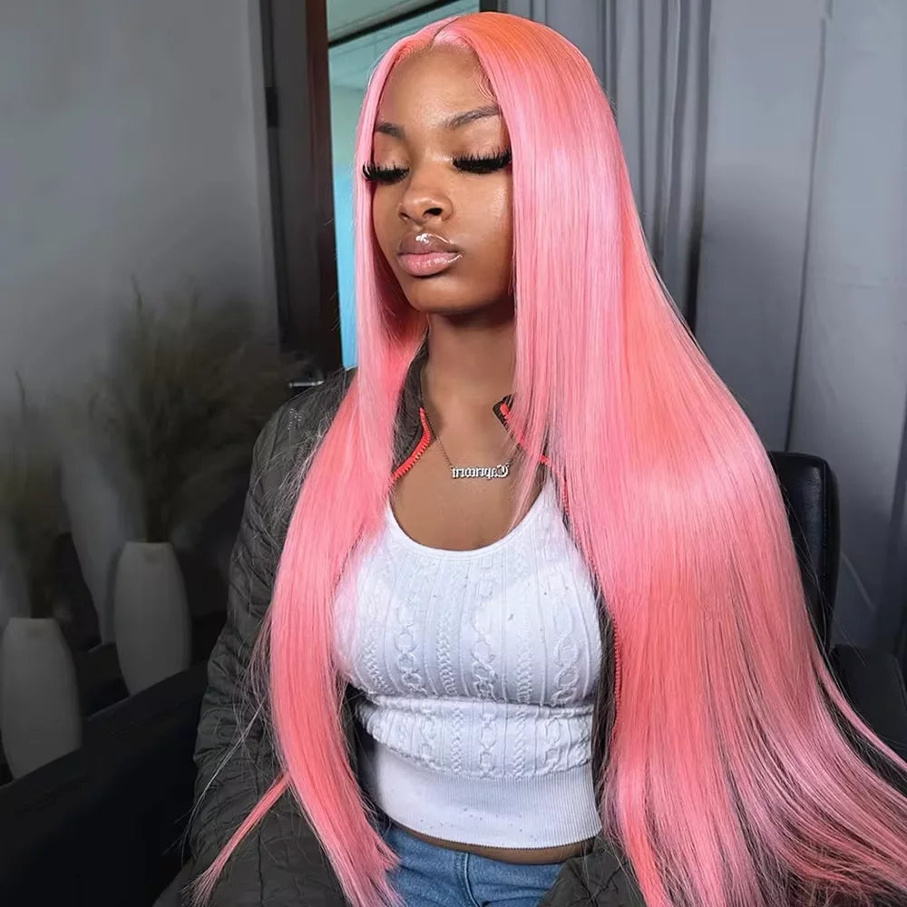 Colored Wigs Human Hair Full End 100% Pink Straight Transparent PrePlucked Brazilian HD Lace Frontal Wig 30 40 Inch For Women