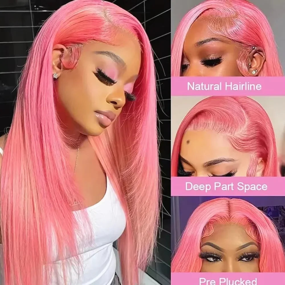 Colored Wigs Human Hair Full End 100% Pink Straight Transparent PrePlucked Brazilian HD Lace Frontal Wig 30 40 Inch For Women