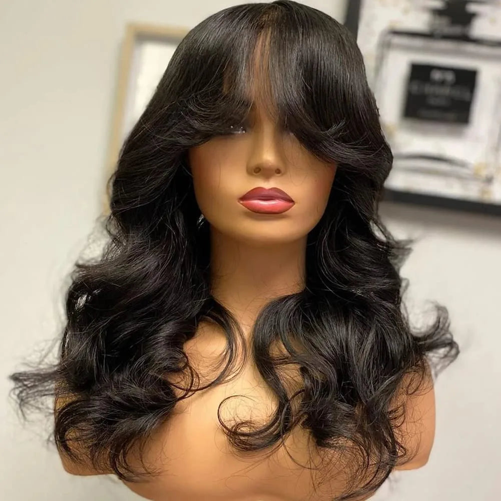 Chic Body Wave Bob Wigs With Bangs Human Hair Wigs 180% Density Glueless Full Machine Made Peruvian Remy None Lace Fringe Wig