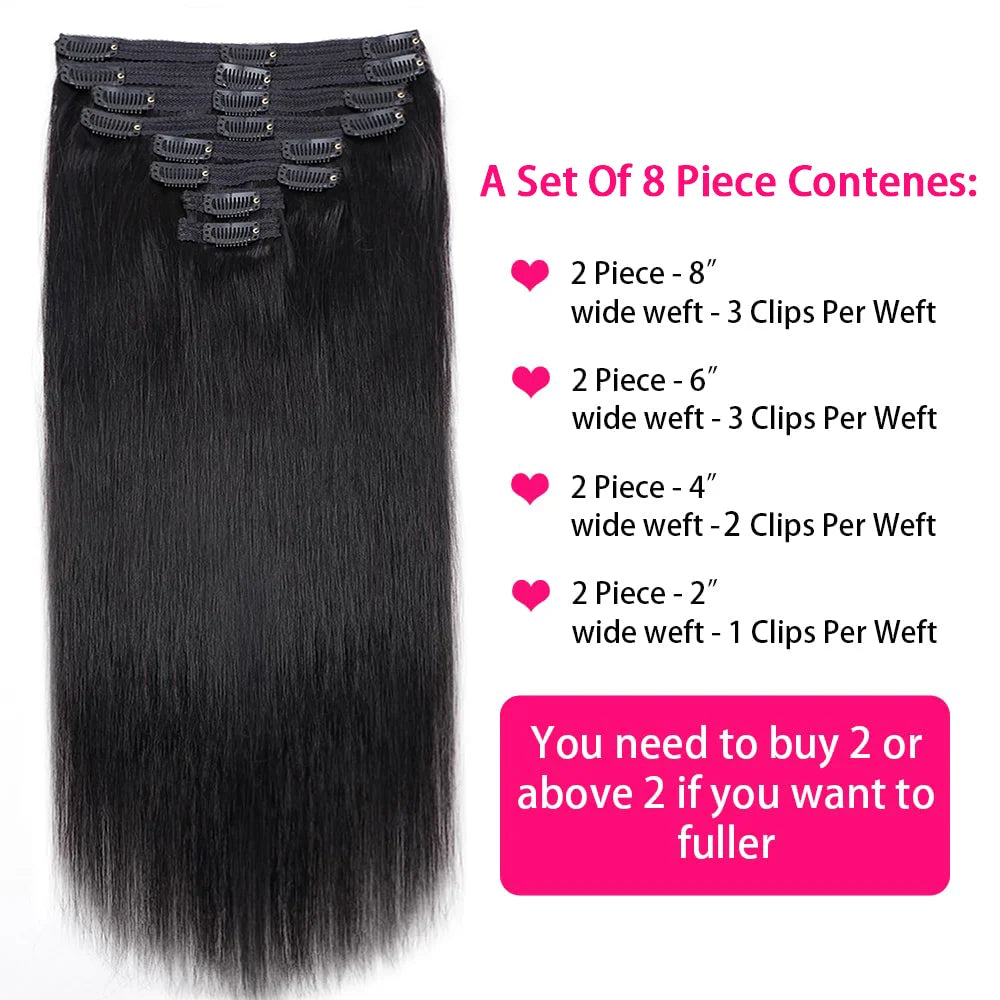 Clip in Hair Extension Human Hair Straight Seamless Clip ins Human Hair Brazilian Remy Natural Black Clip in Extensions 8Pcs/Set