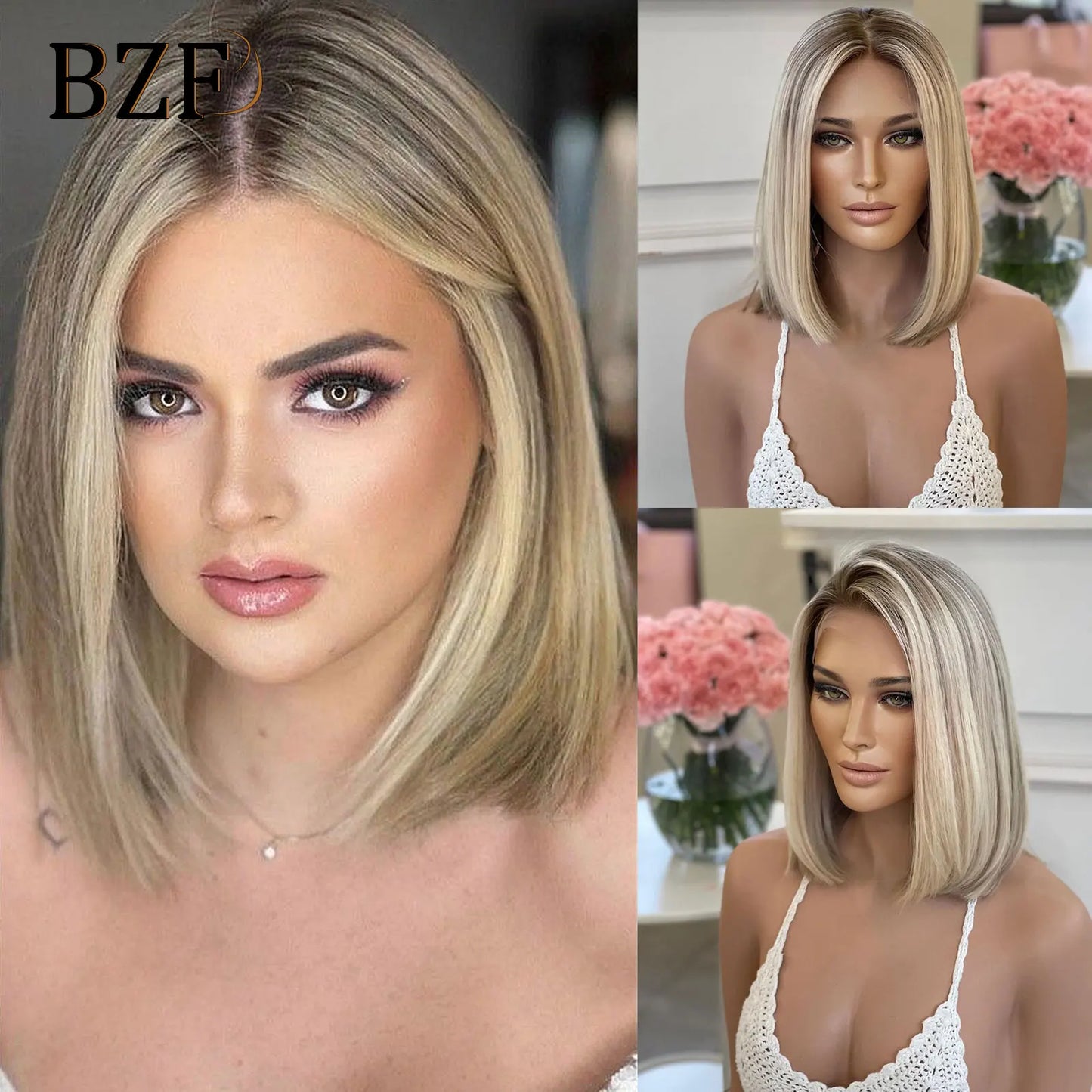 Brown Blonde Highlight Synthetic Lace Front Short Bob Wigs 13x3 Colored Straight Glueless Wig Dark Roots Blonde Wig For Women