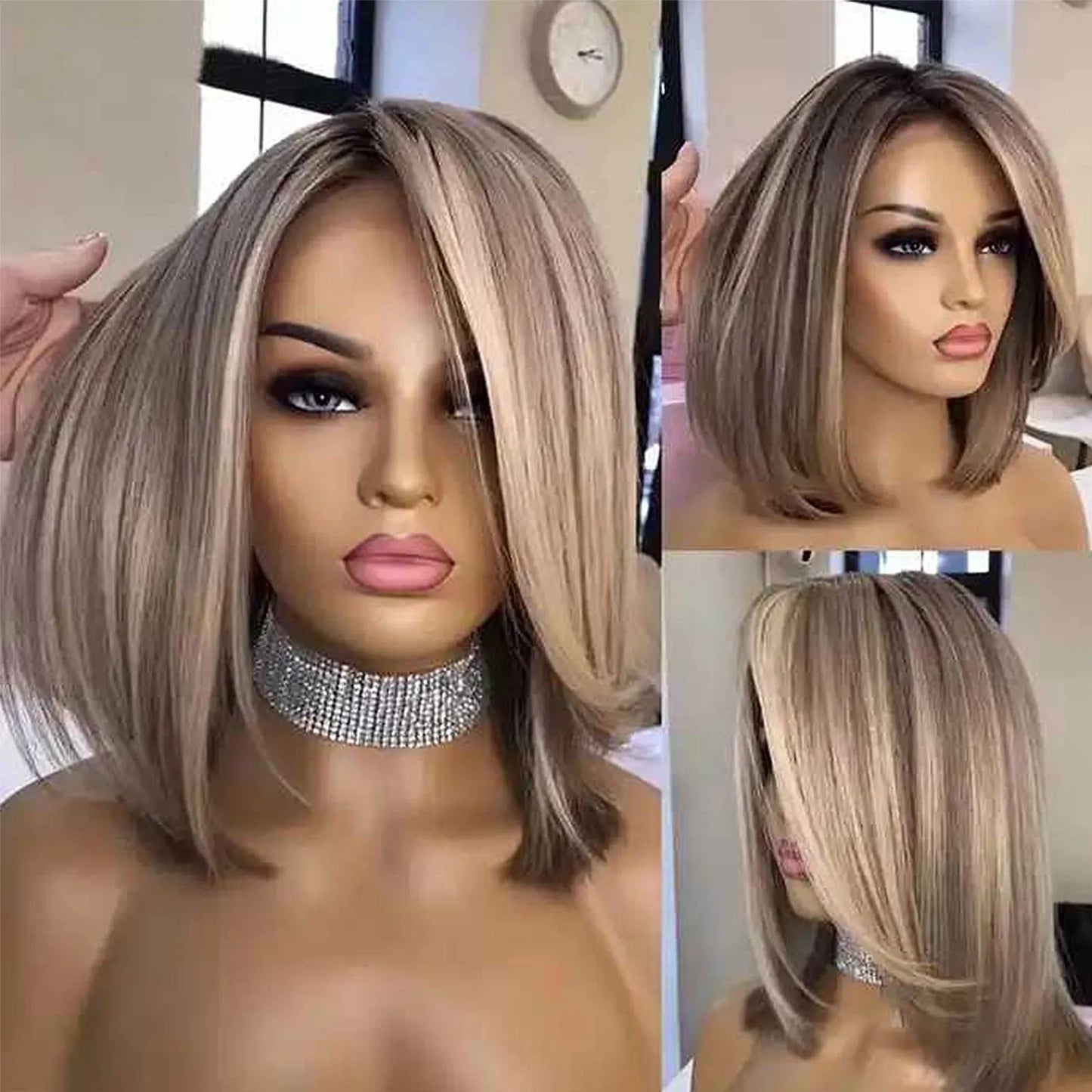 Brown Blonde Highlight Synthetic Lace Front Short Bob Wigs 13x3 Colored Straight Glueless Wig Dark Roots Blonde Wig For Women