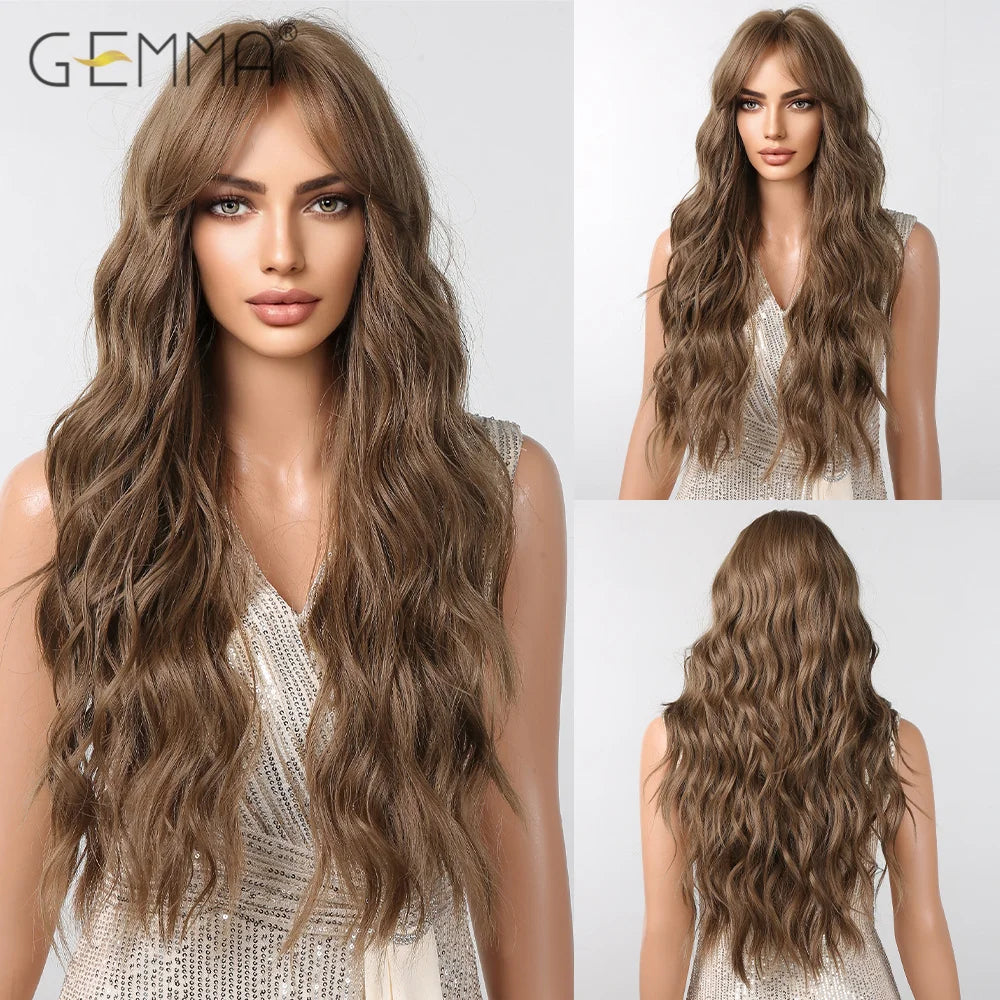 Long Wavy Light Ash Blonde Synthetic Wigs with Bangs for Women Natural Wave Cosplay Party Daily Use Hair Wigs Heat Resistant